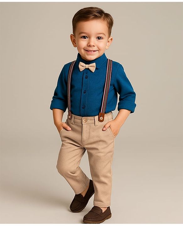 Babyhug Knit Full Sleeves Solid Color Party Shirt & Trouser Set with Suspendor & Bow - Blue & Beige