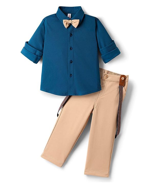 Babyhug Knit Full Sleeves Solid Color Party Shirt & Trouser Set with Suspendor & Bow - Blue & Beige
