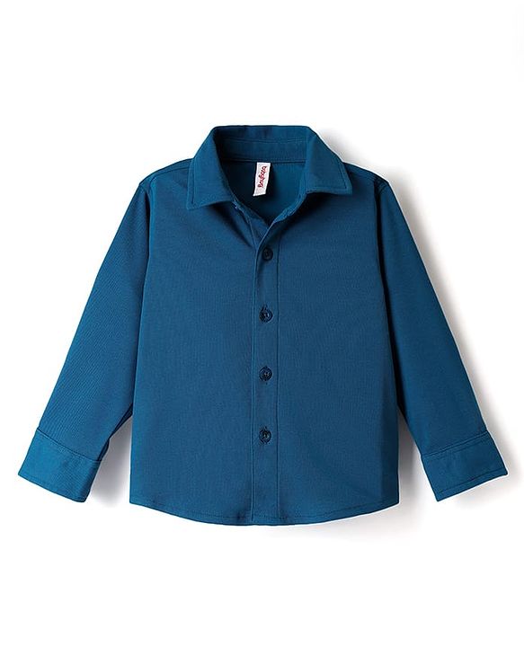 Babyhug Knit Full Sleeves Solid Color Party Shirt & Trouser Set with Suspendor & Bow - Blue & Beige