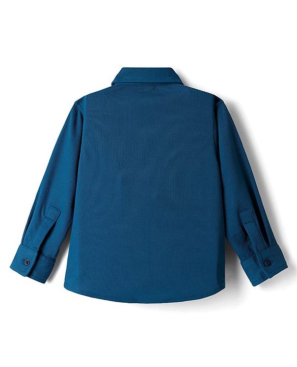 Babyhug Knit Full Sleeves Solid Color Party Shirt & Trouser Set with Suspendor & Bow - Blue & Beige