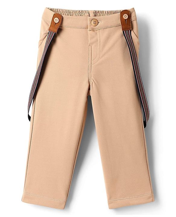 Babyhug Knit Full Sleeves Solid Color Party Shirt & Trouser Set with Suspendor & Bow - Blue & Beige