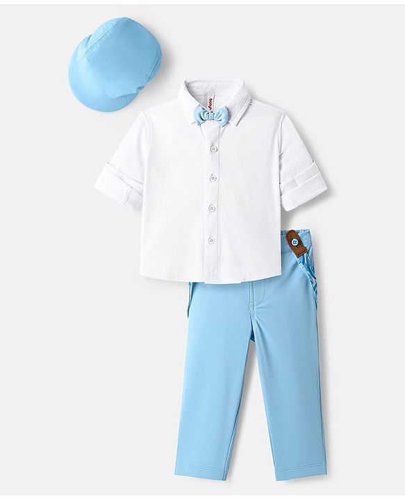 Babyhug Knit Full Sleeves Solid Color Shirt & Trouser with Bow & Suspender Cap - Light Blue & White