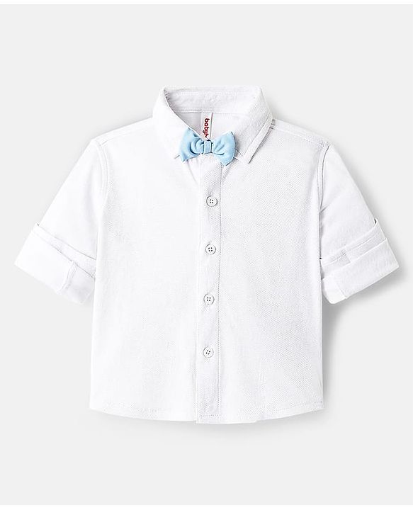 Babyhug Knit Full Sleeves Solid Color Shirt & Trouser with Bow & Suspender Cap - Light Blue & White