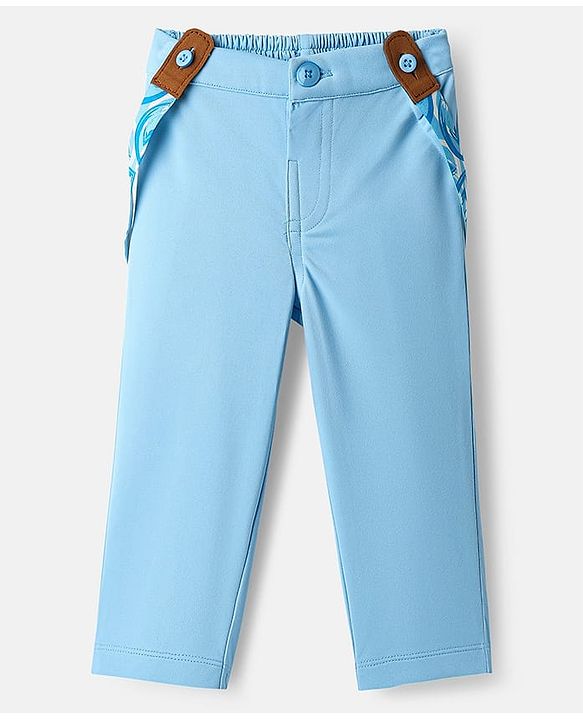 Babyhug Knit Full Sleeves Solid Color Shirt & Trouser with Bow & Suspender Cap - Light Blue & White