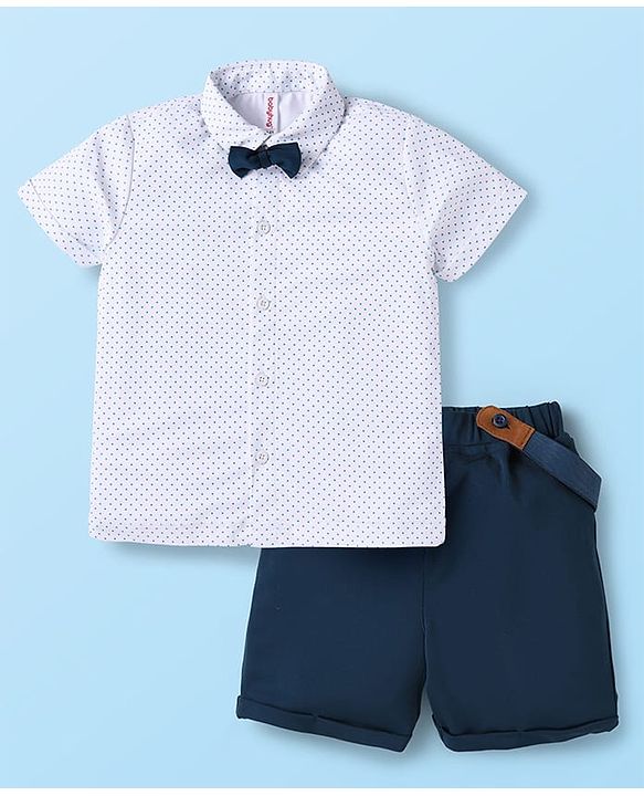 Babyhug Knit Half Sleeves Polka Dots Printed Shirt & Shorts Set with Bow & Suspender - White & Teal Blue