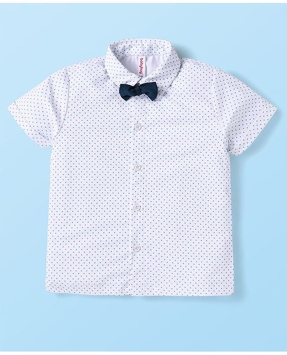Babyhug Knit Half Sleeves Polka Dots Printed Shirt & Shorts Set with Bow & Suspender - White & Teal Blue
