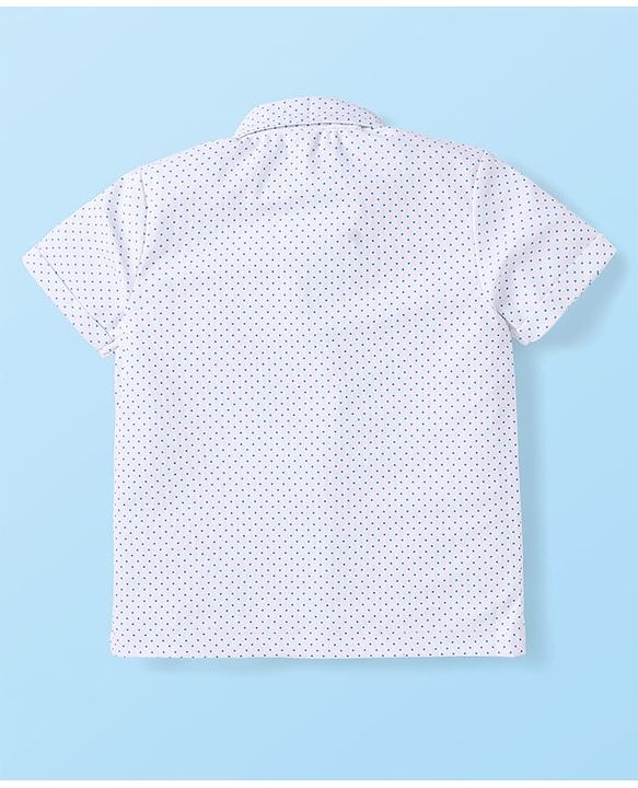 Babyhug Knit Half Sleeves Polka Dots Printed Shirt & Shorts Set with Bow & Suspender - White & Teal Blue