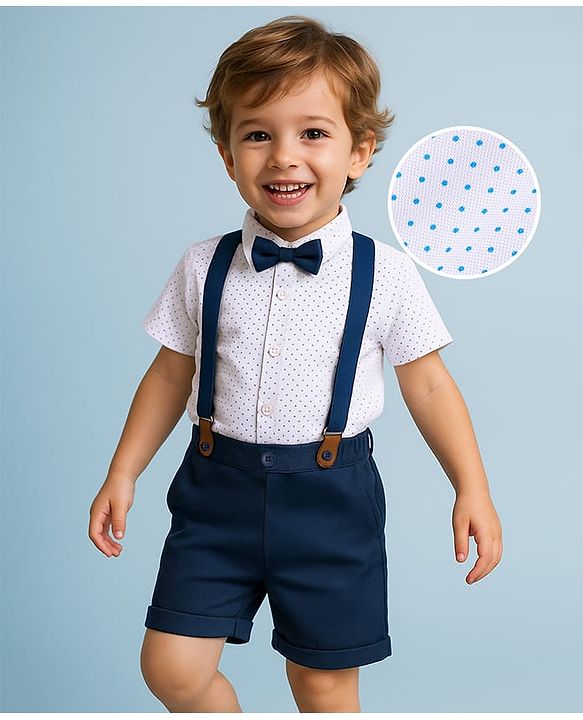 Babyhug Knit Half Sleeves Polka Dots Printed Shirt & Shorts Set with Bow & Suspender - White & Teal Blue
