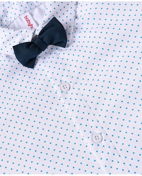 Babyhug Knit Half Sleeves Polka Dots Printed Shirt & Shorts Set with Bow & Suspender - White & Teal Blue