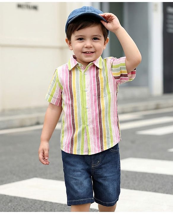 Babyhug Cotton Knit Half Sleeves Shirt & Shorts Set with Stripes - Navy Blue