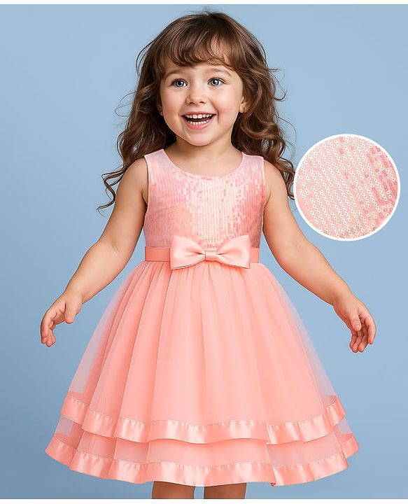 Babyhug Woven Sleeveless Party Dress With Bow Applique & Sequin - Peach