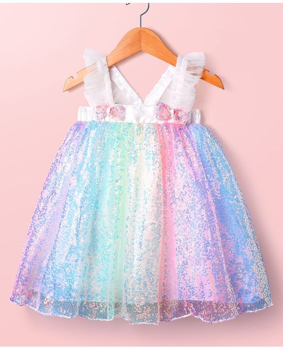 Babyhug Woven Frill Sleeves Mesh Party Dress with Sequin Detailing & Bow Applique - White