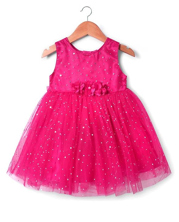 Babyhug Woven Sleeveless Fit & Flare Mesh Party Dress with Glitter Print & Floral Corsage - Dark Pink