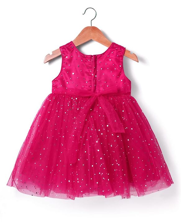 Babyhug Woven Sleeveless Fit & Flare Mesh Party Dress with Glitter Print & Floral Corsage - Dark Pink