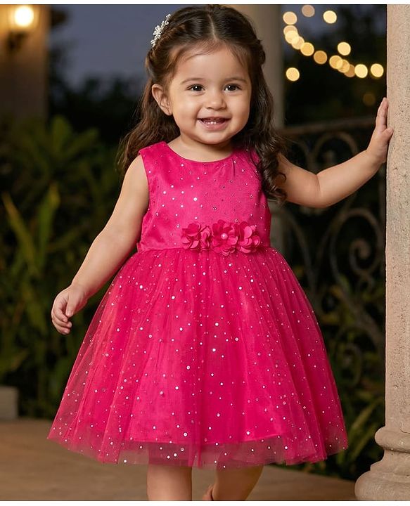 Babyhug Woven Sleeveless Fit & Flare Mesh Party Dress with Glitter Print & Floral Corsage - Dark Pink