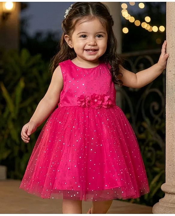Babyhug Woven Sleeveless Fit & Flare Mesh Party Dress with Glitter Print & Floral Corsage - Dark Pink