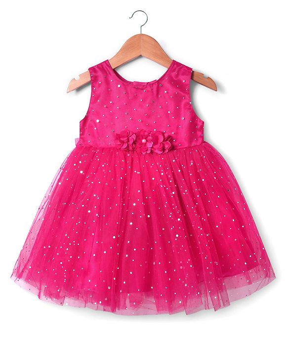 Babyhug Woven Sleeveless Fit & Flare Mesh Party Dress with Glitter Print & Floral Corsage - Dark Pink