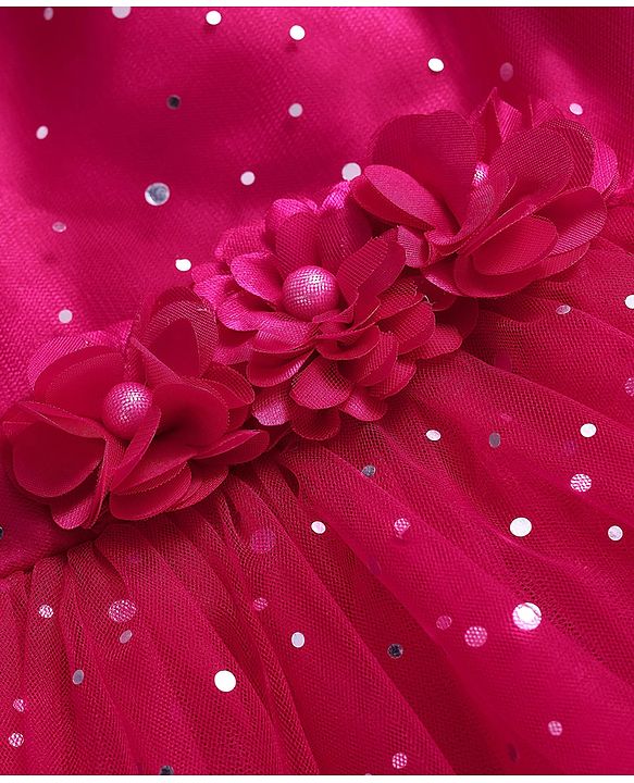 Babyhug Woven Sleeveless Fit & Flare Mesh Party Dress with Glitter Print & Floral Corsage - Dark Pink