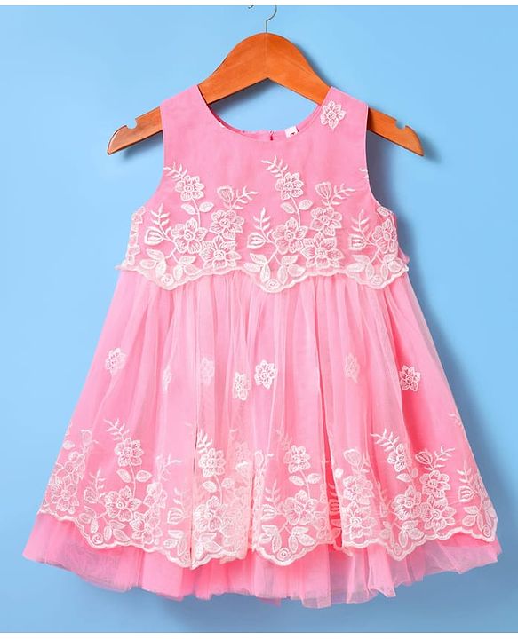 Babyhug Woven Sleeveless Mesh Party Dress with Floral Embroidery - Pink