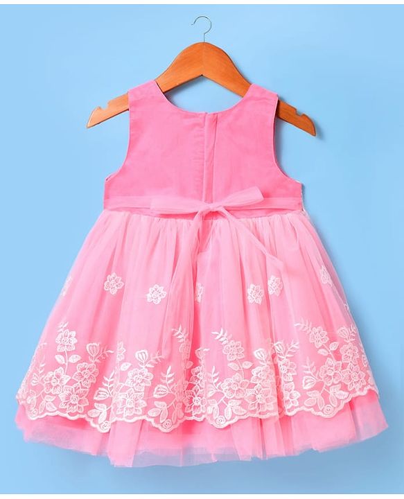 Babyhug Woven Sleeveless Mesh Party Dress with Floral Embroidery - Pink