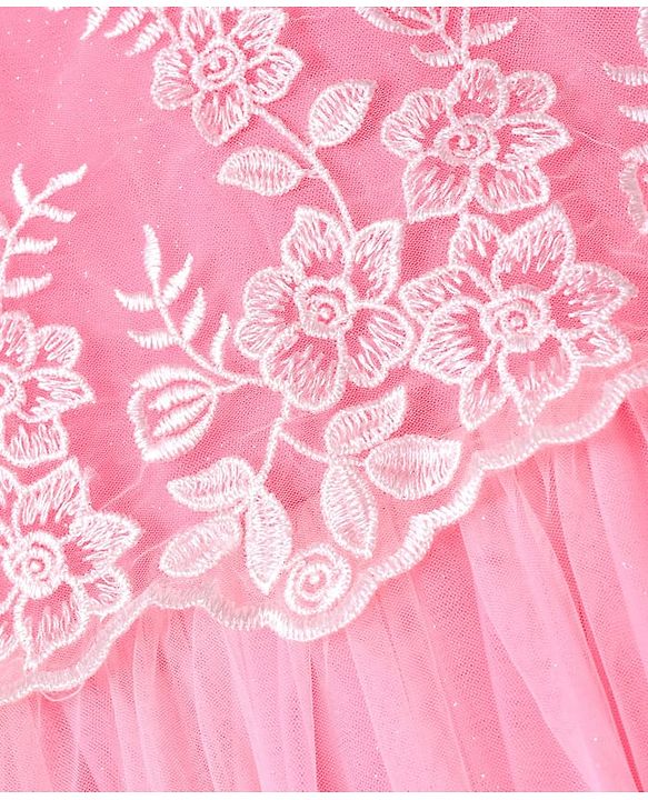 Babyhug Woven Sleeveless Mesh Party Dress with Floral Embroidery - Pink