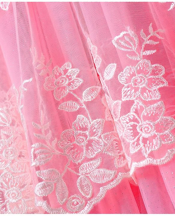 Babyhug Woven Sleeveless Mesh Party Dress with Floral Embroidery - Pink