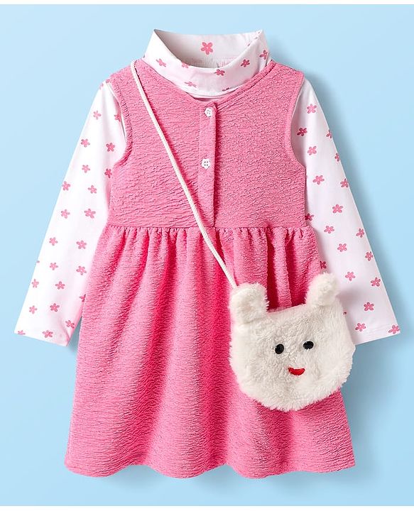 Babyhug Cotton Knit Textured Frock with Full Sleeves Floral Printed Inner Tee & Sling Bag - Pink & White