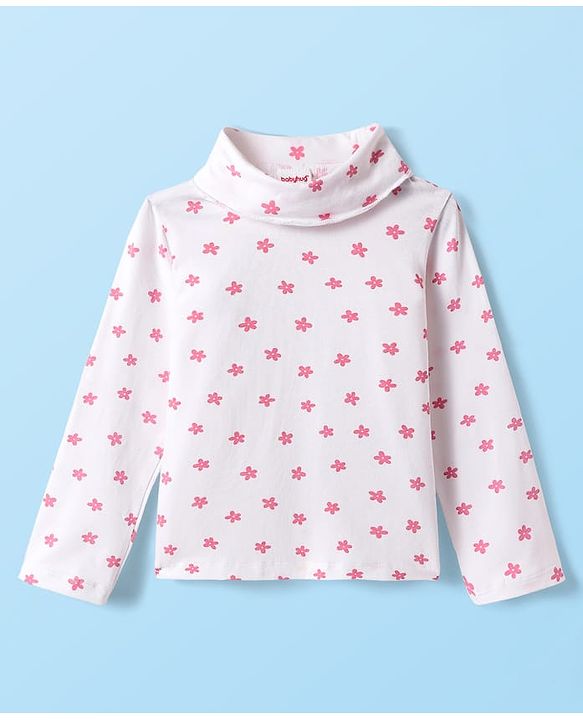 Babyhug Cotton Knit Textured Frock with Full Sleeves Floral Printed Inner Tee & Sling Bag - Pink & White