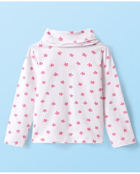 Babyhug Cotton Knit Textured Frock with Full Sleeves Floral Printed Inner Tee & Sling Bag - Pink & White