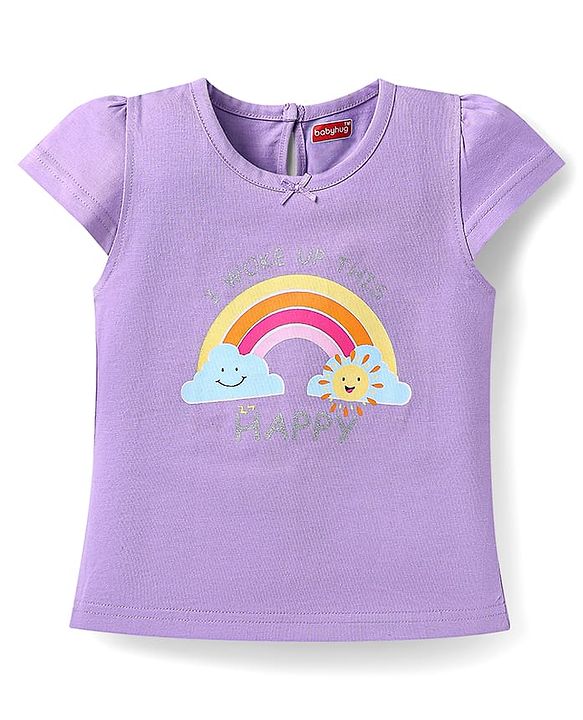 Babyhug Cotton Knit Half Sleeves Capri Nightsuit with Rainbow & Sun Print - Purple