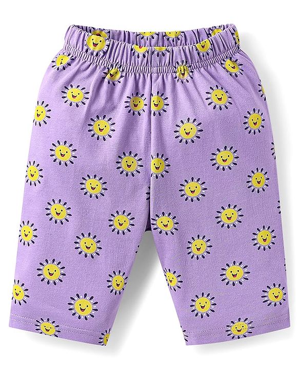 Babyhug Cotton Knit Half Sleeves Capri Nightsuit with Rainbow & Sun Print - Purple