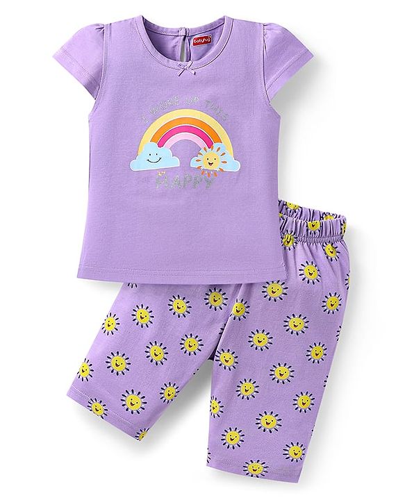 Babyhug Cotton Knit Half Sleeves Capri Nightsuit with Rainbow & Sun Print - Purple