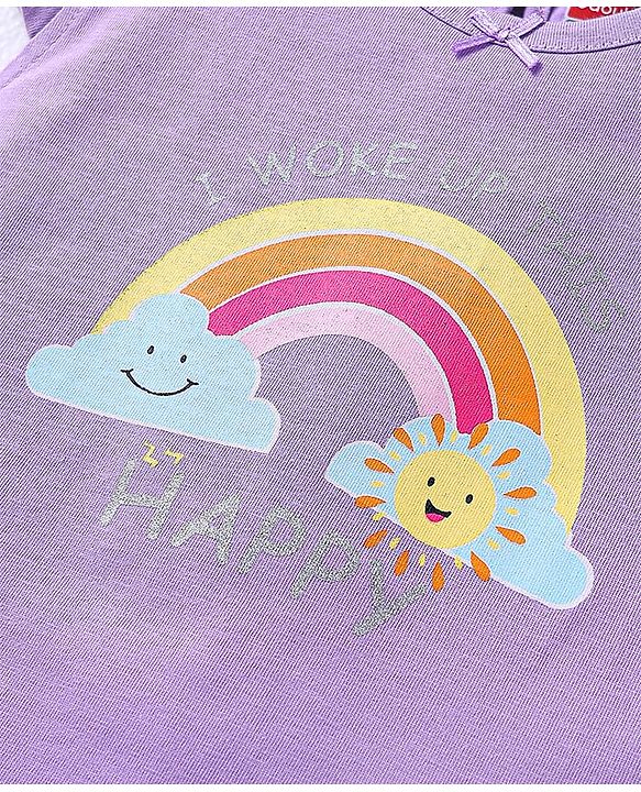 Babyhug Cotton Knit Half Sleeves Capri Nightsuit with Rainbow & Sun Print - Purple
