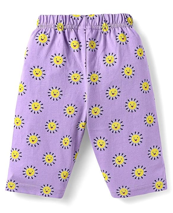 Babyhug Cotton Knit Half Sleeves Capri Nightsuit with Rainbow & Sun Print - Purple