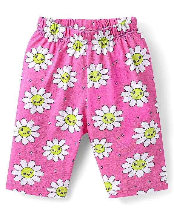 Babyhug Cotton Knit Half Sleeves Capri Nightsuit with Floral Print - Green & Pink