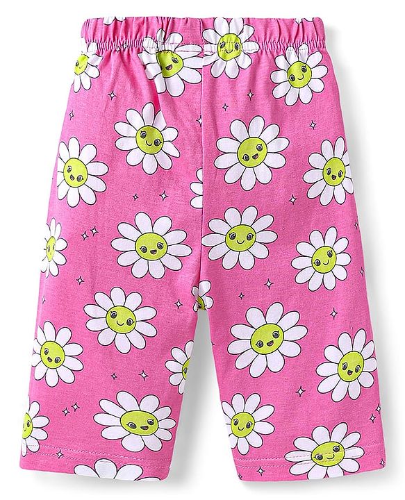 Babyhug Cotton Knit Half Sleeves Capri Nightsuit with Floral Print - Green & Pink