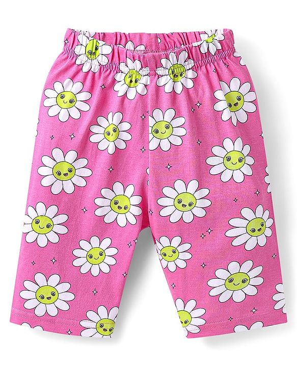 Babyhug Cotton Knit Half Sleeves Capri Nightsuit with Floral Print - Green & Pink