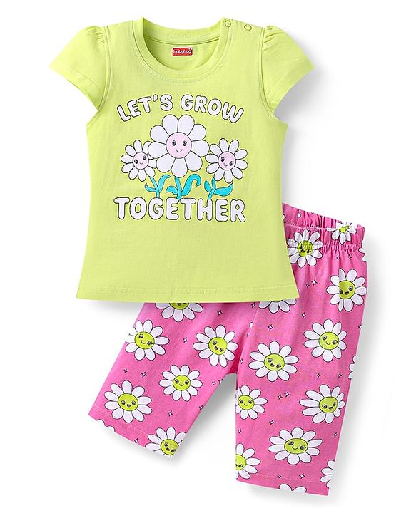 Babyhug Cotton Knit Half Sleeves Capri Nightsuit with Floral Print - Green & Pink