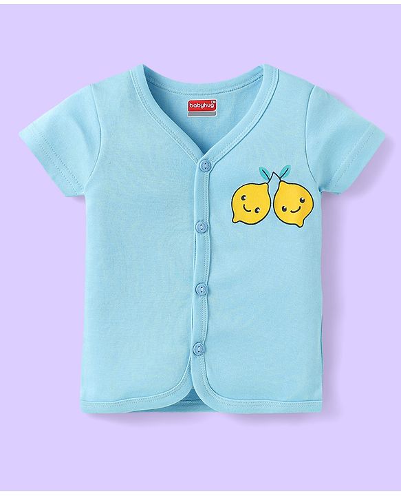 Babyhug 100% Cotton Interlock Knit  Half Sleeves Front Open jhablas With Striped & Fruits Print Pack Of 3 - Light Blue Navy Blue & White