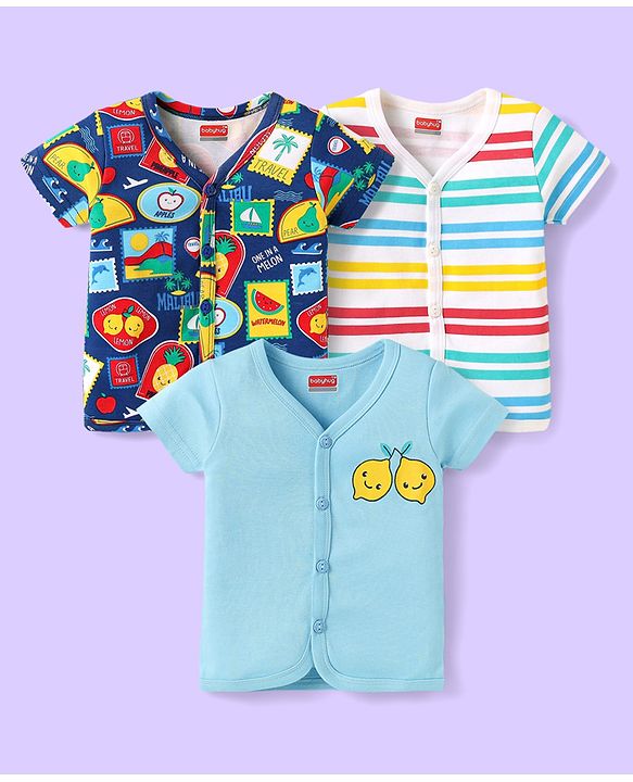 Babyhug 100% Cotton Interlock Knit  Half Sleeves Front Open jhablas With Striped & Fruits Print Pack Of 3 - Light Blue Navy Blue & White