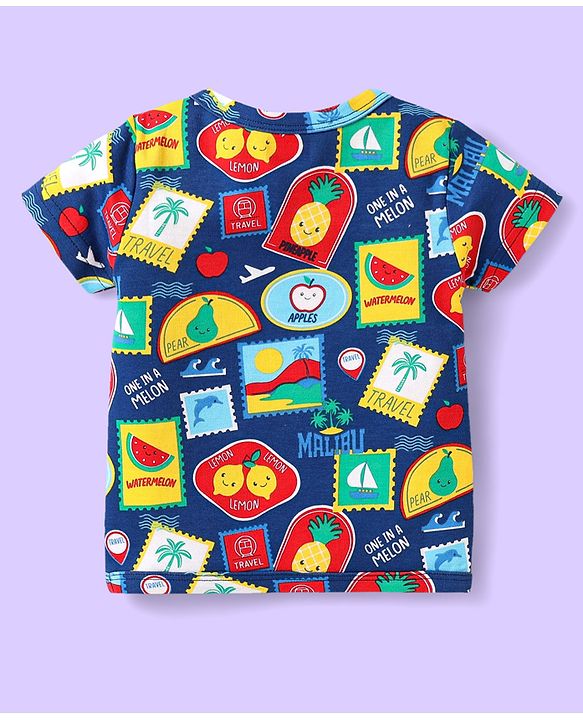 Babyhug 100% Cotton Interlock Knit  Half Sleeves Front Open jhablas With Striped & Fruits Print Pack Of 3 - Light Blue Navy Blue & White
