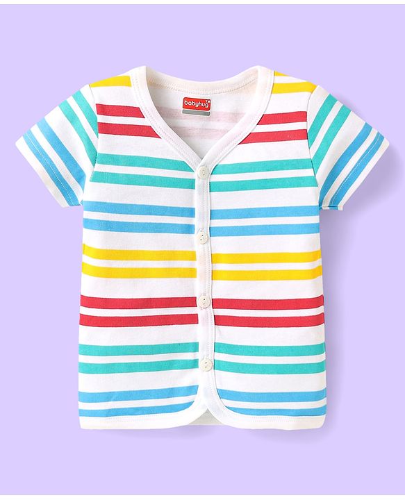 Babyhug 100% Cotton Interlock Knit  Half Sleeves Front Open jhablas With Striped & Fruits Print Pack Of 3 - Light Blue Navy Blue & White