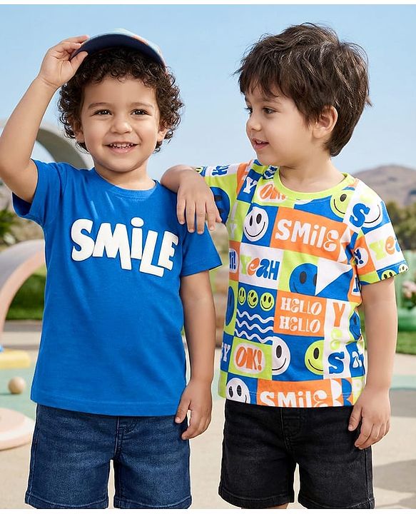Babyhug Cotton Knit Half Sleeves T-Shirt With Smiley Theme Print Pack Of 2 - Blue