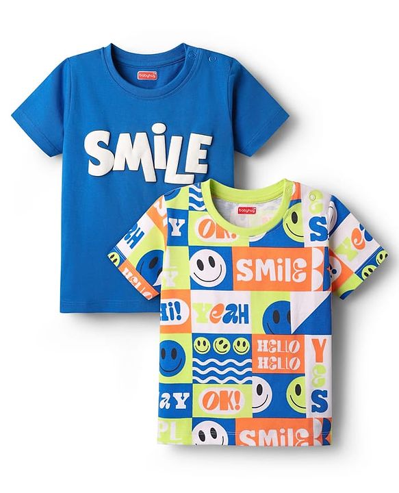 Babyhug Cotton Knit Half Sleeves T-Shirt With Smiley Theme Print Pack Of 2 - Blue