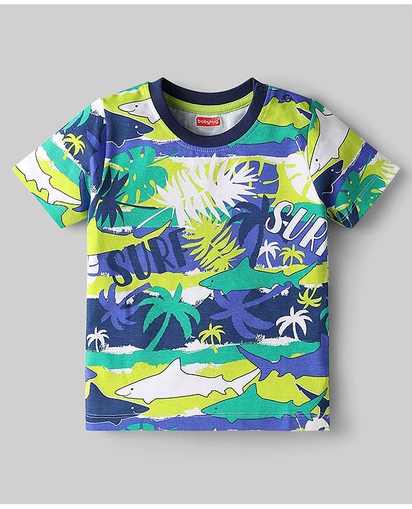 Babyhug Cotton Knit Half Sleeves T-Shirt With Stripes & Beach Theme Print  Pack Of 3 - Limegreen & Navy Blue