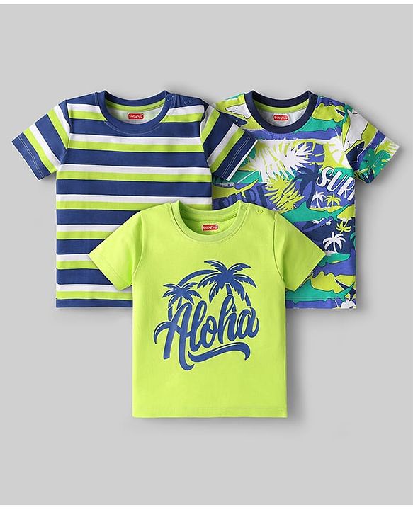 Babyhug Cotton Knit Half Sleeves T-Shirt With Stripes & Beach Theme Print  Pack Of 3 - Limegreen & Navy Blue