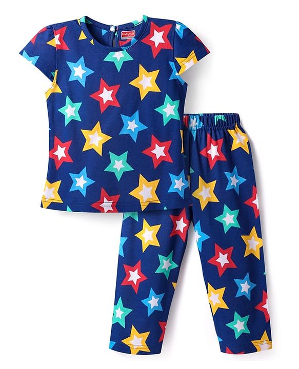 Babyhug Cotton Knit Half Sleeves Nightsuit With Star Print - Navy Blue