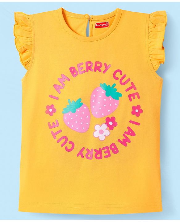 Babyhug Cotton Knit Sleeveless Capri Nightsuit With Strawberry Print - White & Yellow