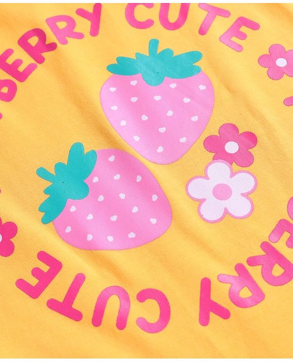 Babyhug Cotton Knit Sleeveless Capri Nightsuit With Strawberry Print - White & Yellow