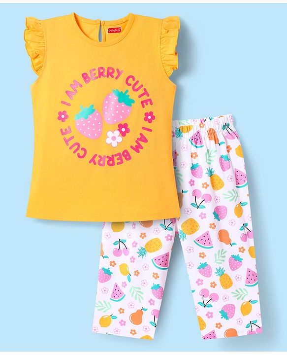 Babyhug Cotton Knit Sleeveless Capri Nightsuit With Strawberry Print - White & Yellow